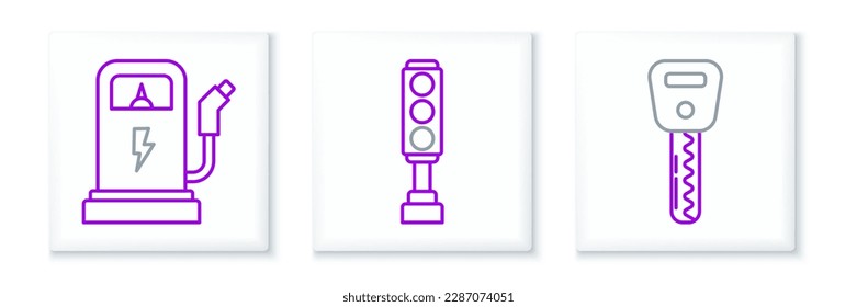 Set line Car key, Electric car charging station and Traffic light icon. Vector
