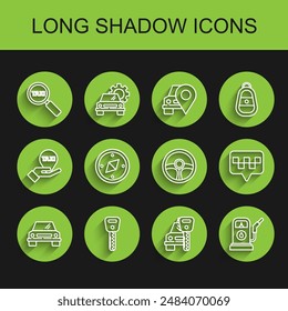 Set line Car, key, Magnifying glass and taxi car, rental, Petrol or Gas station, Compass, Map pointer with and Steering wheel icon. Vector