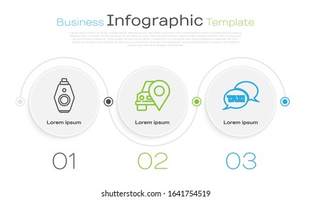Set line Car key with remote, Map pointer with taxi and Taxi call telephone service. Business infographic template. Vector