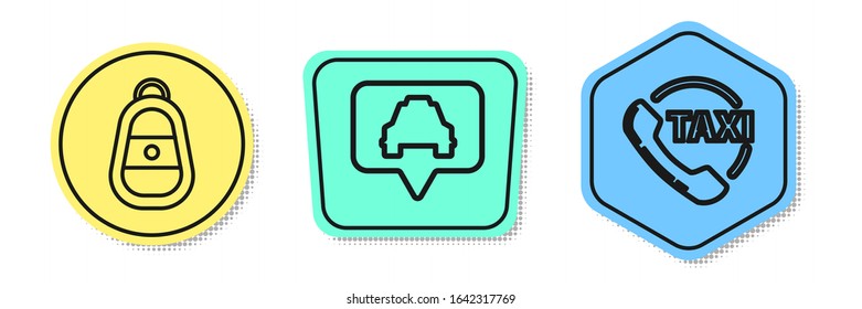 Set line Car key with remote, Map pointer with taxi and Taxi call telephone service. Colored shapes. Vector
