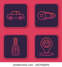 Set line Car, Car key with remote, Timing belt kit and Car service. Blue square button. Vector