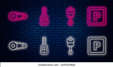 Fije la llave de Camión de la línea con el mando a distancia, el pistón del motor, el kit de la correa de la distribución y el estacionamiento. Icono de neón brillante en la pared de ladrillo. Vector