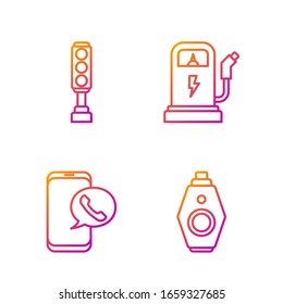 Set line Car key with remote, Taxi call telephone service, Traffic light and Electric car charging station. Gradient color icons. Vector