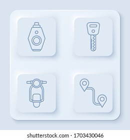 Set line Car key with remote, Car key, Scooter and Route location. White square button. Vector