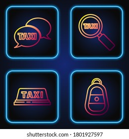 Set line Car key with remote, Taxi car roof, Taxi call telephone service and Magnifying glass and taxi car. Gradient color icons. Vector