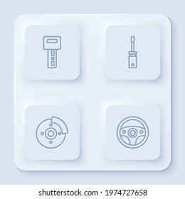 Set line Car key with remote, Screwdriver, brake disk caliper and Steering wheel. White square button. Vector