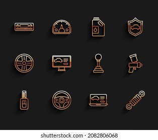 Set line Car key with remote, Steering wheel, Audio, Diagnostics condition of car, Shock absorber, Paint spray gun and Gear shifter icon. Vector