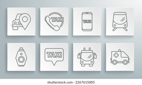 Set line Car key with remote, Taxi call telephone service, Map pointer taxi, Trolleybus, Ambulance and emergency car, Tram railway and  icon. Vector