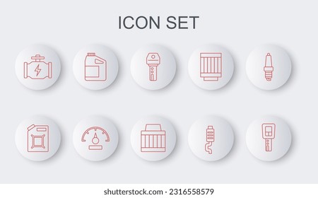 Set line Car key with remote, Canister for gasoline, muffler, Check engine, motor oil, Speedometer and air filter icon. Vector