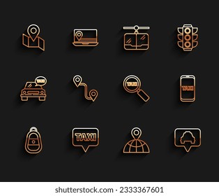 Establece la línea de la tecla Auto con control remoto, Map puntero taxi, Folded map location marker, Location the globe, Route, Taxi call phone service y Magnifying glass and car icon. Vector