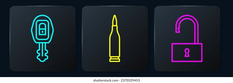 Set line Car key with remote, # Open padlock and Bullet. Black square button. Vector