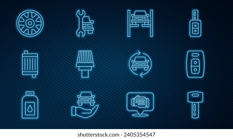 Ajuste la línea de la tecla de automóvil con mando a distancia, Reparación del coche en el ascensor, filtro, sistema de refrigeración del radiador, Alloy para, servicio e icono. Vector