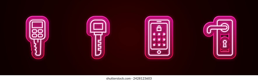 Llave de coche con mando a distancia, llave, móvil y contraseña gráfica y manija de la puerta. Icono de neón brillante. Vector