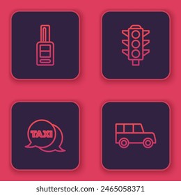 Set line Car key with remote, Taxi call telephone service, Traffic light and . Blue square button. Vector