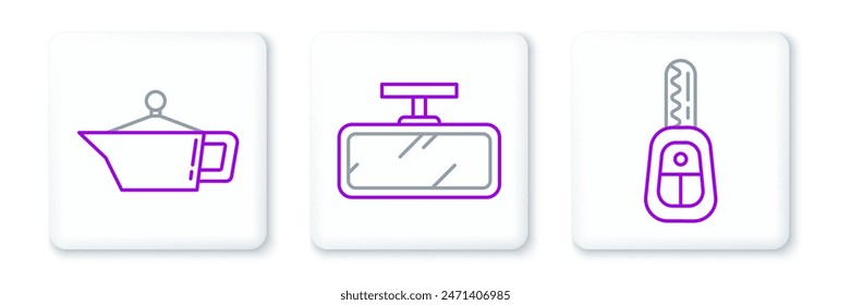 Set line Car key with remote, Canister for motor machine oil and mirror icon. Vector