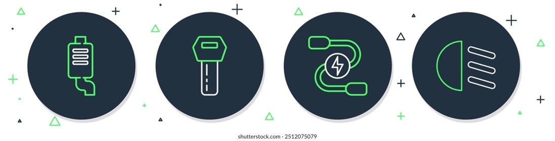 Set line Car key with remote, battery jumper power cable, muffler and High beam icon. Vector