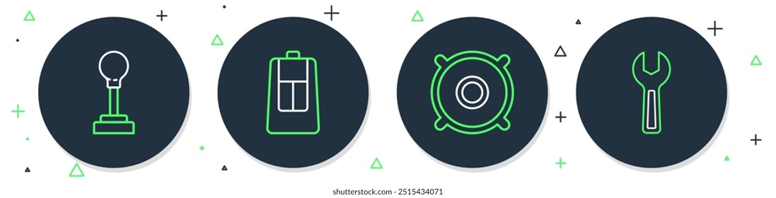 Set Linie Autoschlüssel mit Fernbedienung, Lautsprecher, Gangschaltgerät und Schraubenschlüssel-Symbol. Vektorgrafik