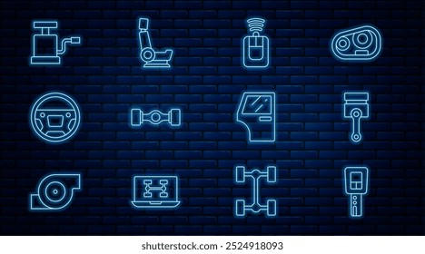 Definir a linha Chave do carro com controle remoto, Pistão do motor, Carro do chassi, Volante, bomba de ar, porta e ícone do assento. Vetor