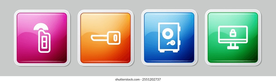 Set line Car key with remote, Key, Safe and Lock on computer monitor. Colorful square button. Vector