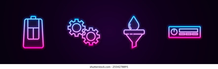 Set line Car key with remote, Gear, Funnel and oil drop and Audio. Glowing neon icon. Vector