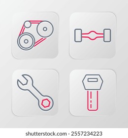Set line Car key with remote, Wrench spanner, Chassis car and Timing belt kit icon. Vector