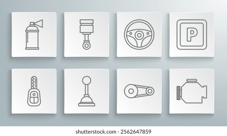 Set line Car key with remote, Engine piston, Gear shifter, Timing belt kit, Check engine, Steering wheel, Parking and Paint spray can icon. Vector