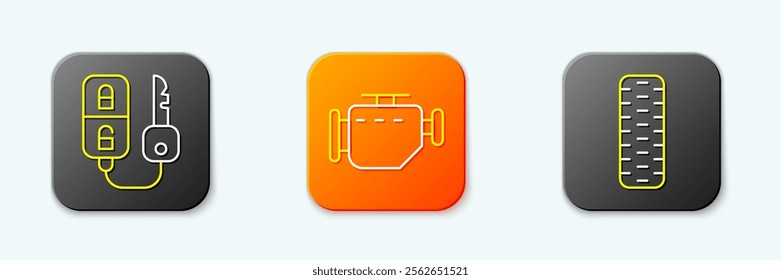 Set line Car key with remote, Check engine and tire wheel icon. Vector