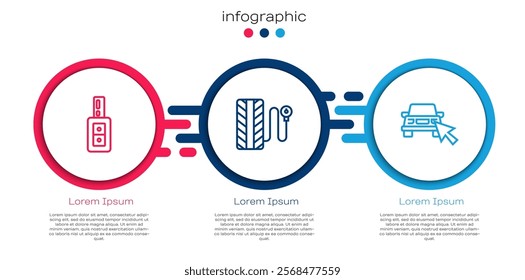 Set line Car key with remote, Tire pressure gauge and Online car sharing. Business infographic template. Vector
