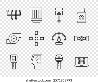 Set line Car key with remote, Diagnostics condition of car, Engine piston, door, Gear shifter, Wheel wrench,  and Chassis icon. Vector