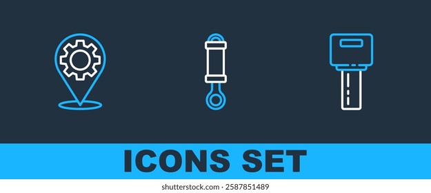 Set line Car key with remote, service and Shock absorber icon. Vector