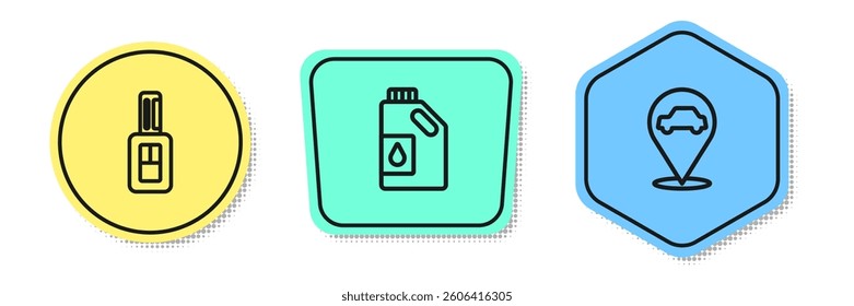 Set line Car key with remote, Canister for motor oil and Location car service. Colored shapes. Vector
