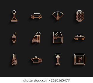 Set line Car key with remote, Canister for motor machine oil, Gear shifter, , Parking, service, and door icon. Vector
