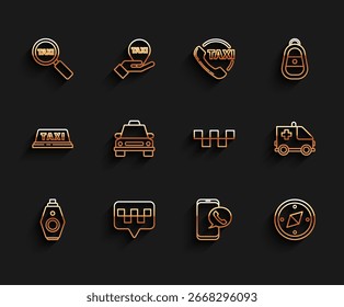 Set line Llave del coche con el telecontrol, taxi del puntero del mapa, lupa y coche, servicio telefónico de la llamada del taxi, brújula, emergencia de la ambulancia y icono del tejado. Vector