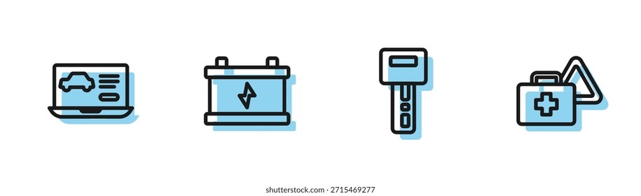 Establecer la llave del coche de línea con el teledirigido, la condición de los diagnósticos del coche, la batería y el kit de primeros auxilios y el icono del triángulo de advertencia. Vector