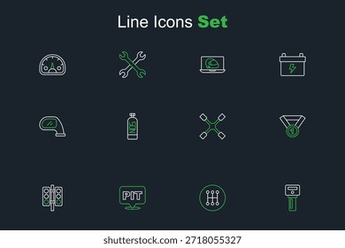 Set line Llave del coche con control remoto, cambio de marchas, parada de boxes, semáforo de carreras, medalla, llave de rueda, óxido nitroso e icono de espejo. Vector