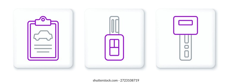 Establecer la línea de la llave del coche con control remoto, inspección e icono. Vector