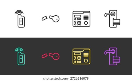 Set line Llave del coche con el mando a distancia, roto, sistema de intercomunicación de la casa y cerradura de puerta digital en blanco y negro. Vector