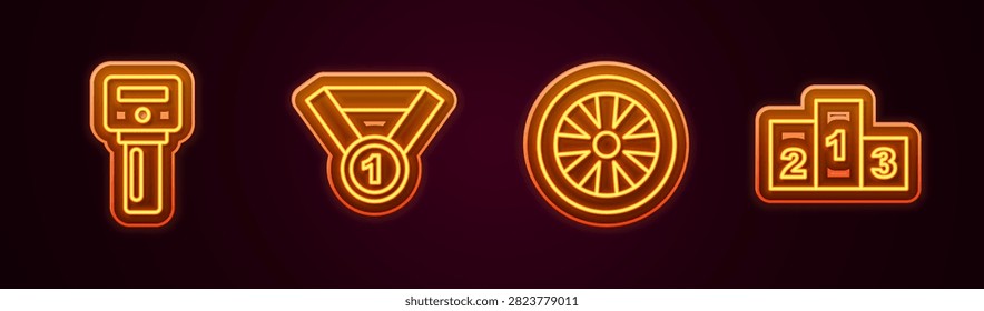 Set line Car key with remote, Medal, Alloy wheel for car and Award over sports winner podium. Glowing neon icon. Vector