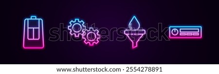 Set line Car key with remote, Gear, Funnel and oil drop and Audio. Glowing neon icon. Vector