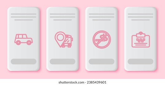 Set line Car, Location with bus, No Smoking and Taxi driver license. White rectangle button. Vector