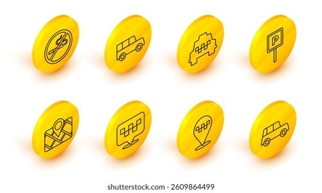 Set line Car, Location with taxi, Gps device map, Parking, Taxi car,  and No Smoking icon. Vector