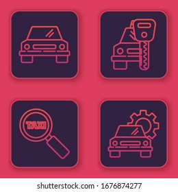 Set line Car, Magnifying glass and taxi car, Car rental and Car service. Blue square button. Vector