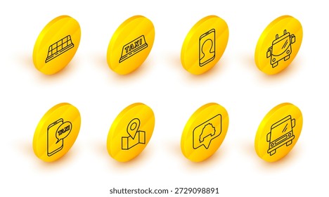 Set Linie Auto, Kartenzeiger mit Taxi, Geklappte Kartenmarkierung, Taxi-Telefonservice, Trolleybus, Autodach und Symbol. Vektorgrafik