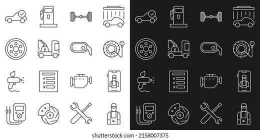 Set line Car mechanic, Online car services, Tire pressure gauge, Chassis, Tow truck, Alloy wheel, Auto check automotive and rearview mirror icon. Vector