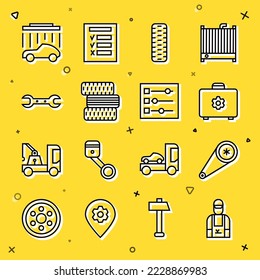 Set line Car mechanic, Timing belt kit, Toolbox, tire wheel, Wrench spanner, wash and settings icon. Vector