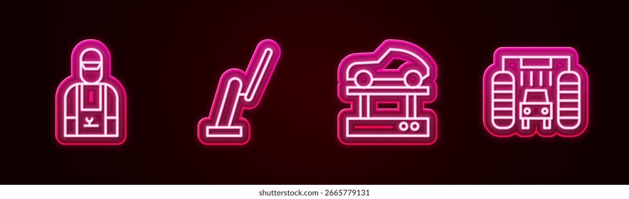 Fije la línea Mecánico del coche, limpiaparabrisas, coche de la reparación en la elevación y el lavado. Icono de neón brillante. Vector