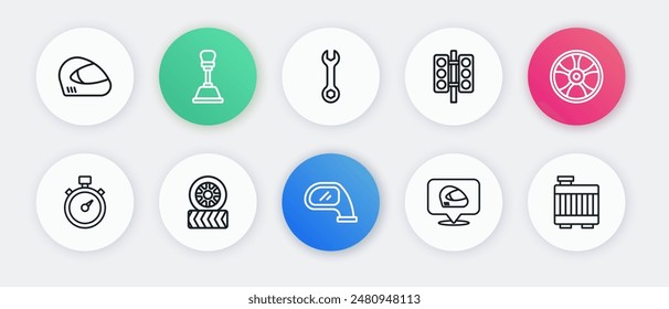 Set line Car mirror, Alloy wheel for car, Stopwatch, Racing helmet, traffic light, Wrench spanner, radiator cooling system and tire icon. Vector