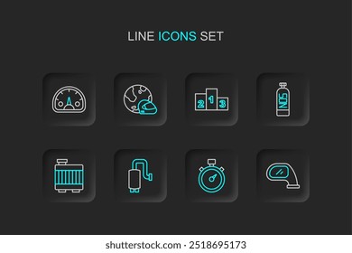 Set line Espelho do carro, roda de liga para o carro, abafador, sistema de resfriamento do radiador, óxido nitroso, Prêmio sobre o pódio vencedor de esportes, Capacete de corrida e ícone do velocímetro. Vetor