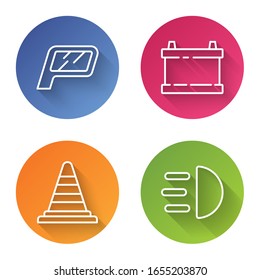 Set line Car mirror, Car battery, Traffic cone and High beam. Color circle button. Vector