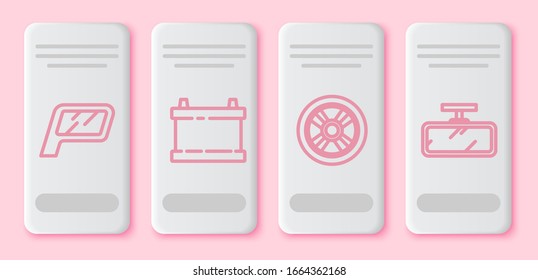 Set line Car mirror, Car battery, Car wheel and Car mirror. White rectangle button. Vector